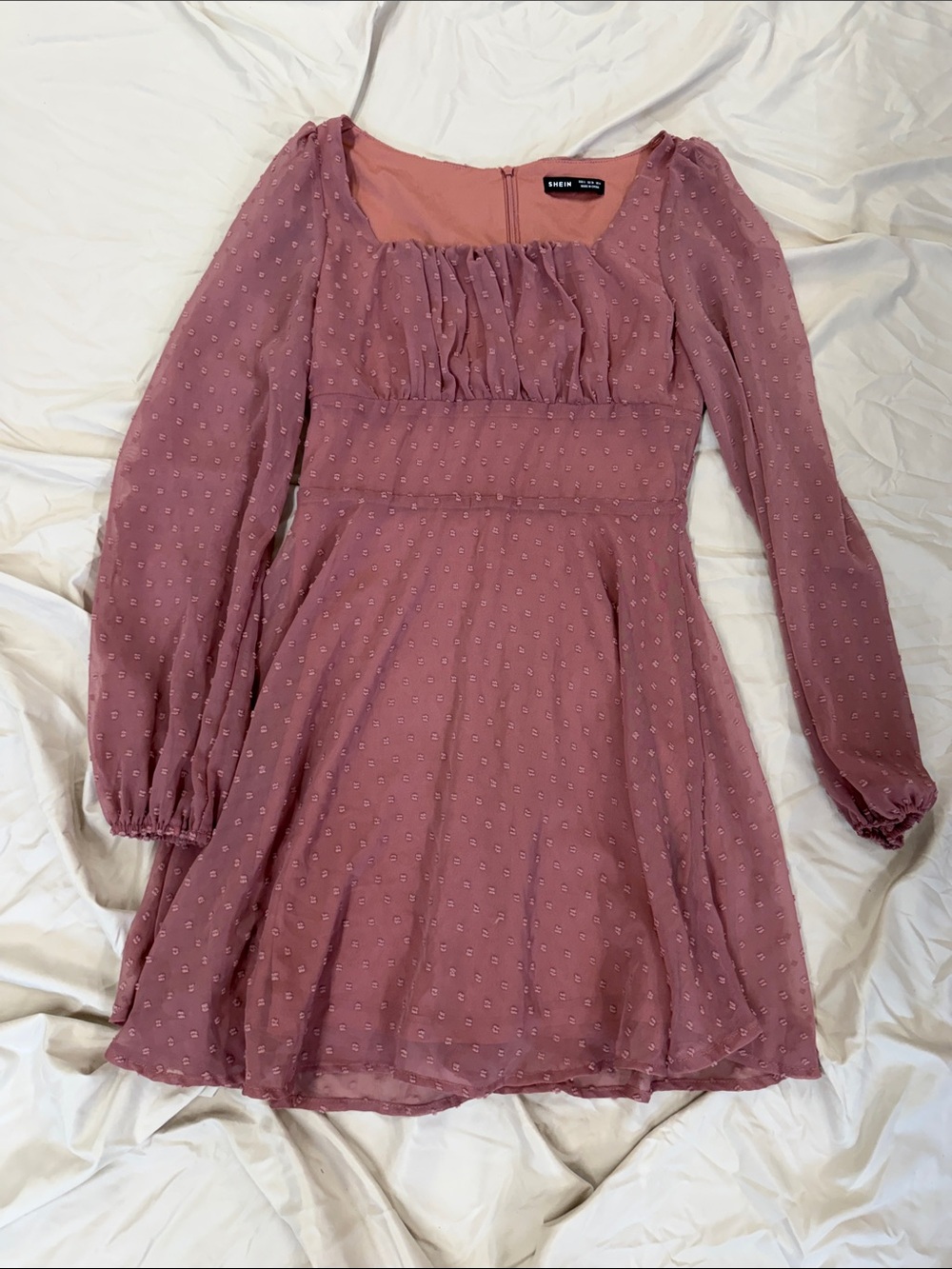SHEIN Mauve Pink Long Sleeve Swiss Dot Ruffle Mini Dress